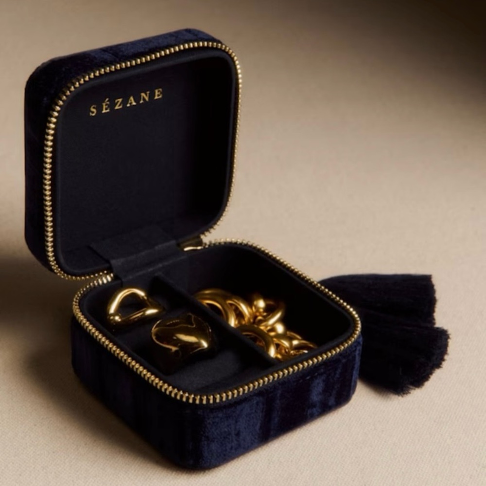 Sezane Midnight Blue Velvet Jewelry Box with Gold Details